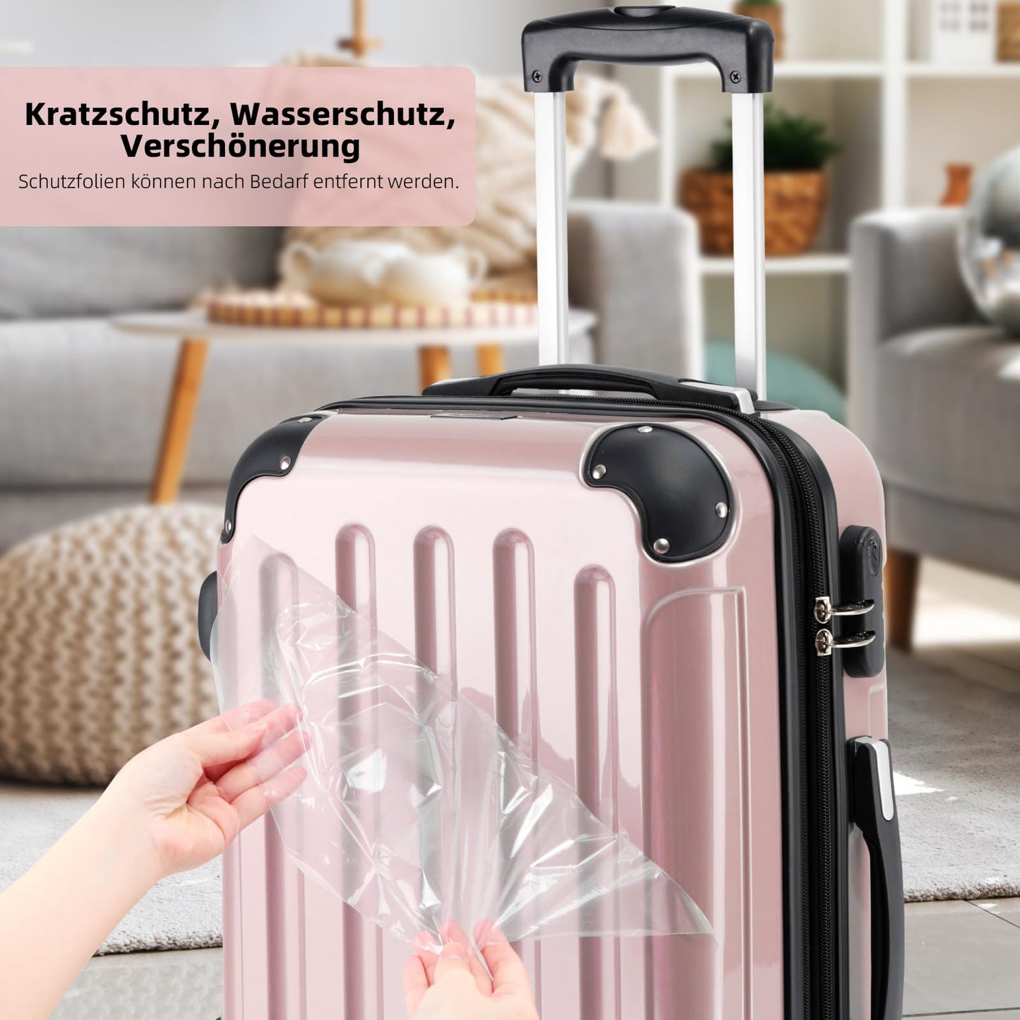 BEIBYE Hartschalen Koffer Trolley Rollkoffer Reisekoffer 4 Zwillingsrollen Polycabonat (Rosa Gold, Handgepäck 55cm-40L)