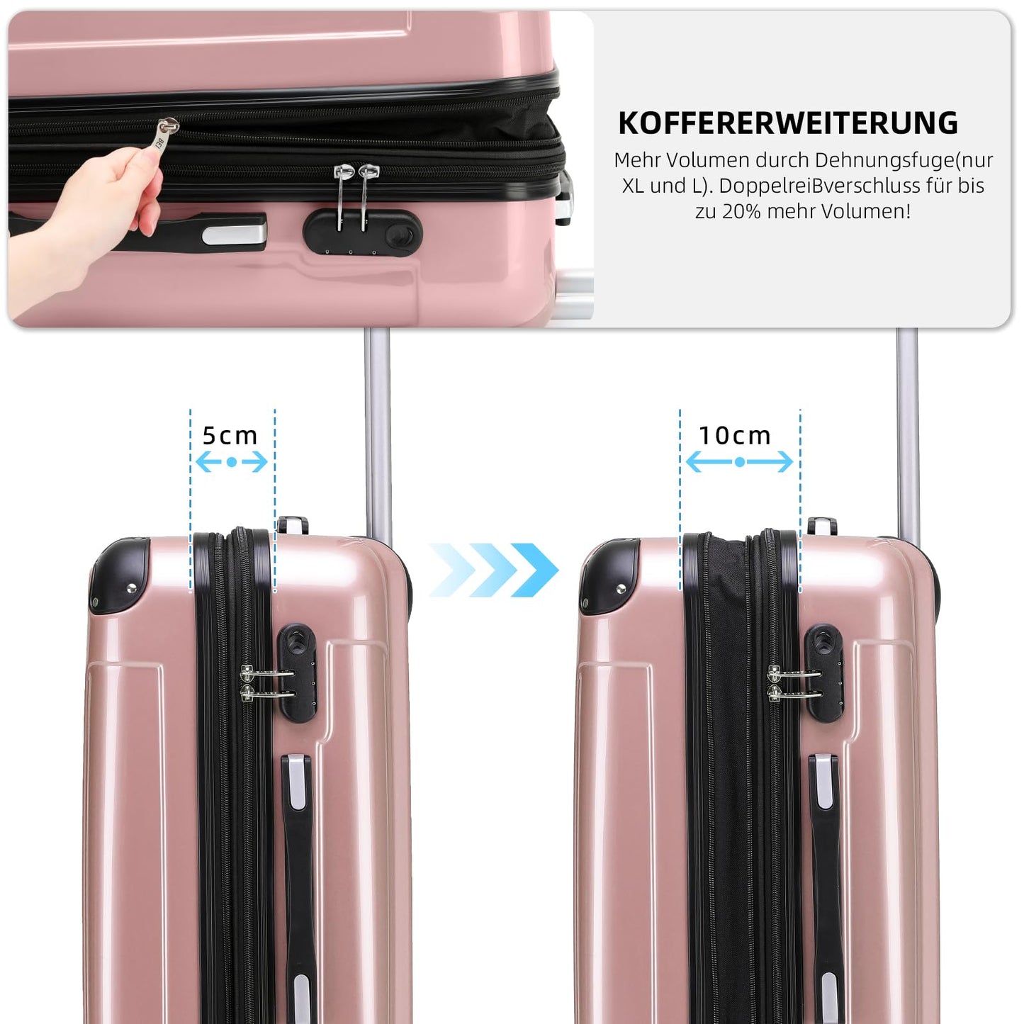 BEIBYE Hartschalen Koffer Trolley Rollkoffer Reisekoffer 4 Zwillingsrollen Polycabonat (Rosa Gold, Handgepäck 55cm-40L)