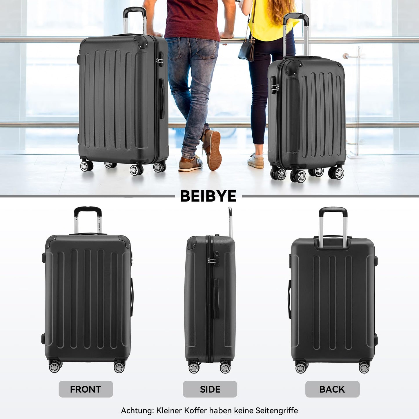 BEIBYE Hartschalen-Koffer Trolley Rollkoffer Reisekoffer Handgepäck 4 Rollen (M-L-XL-Set) (Schwarz, L)