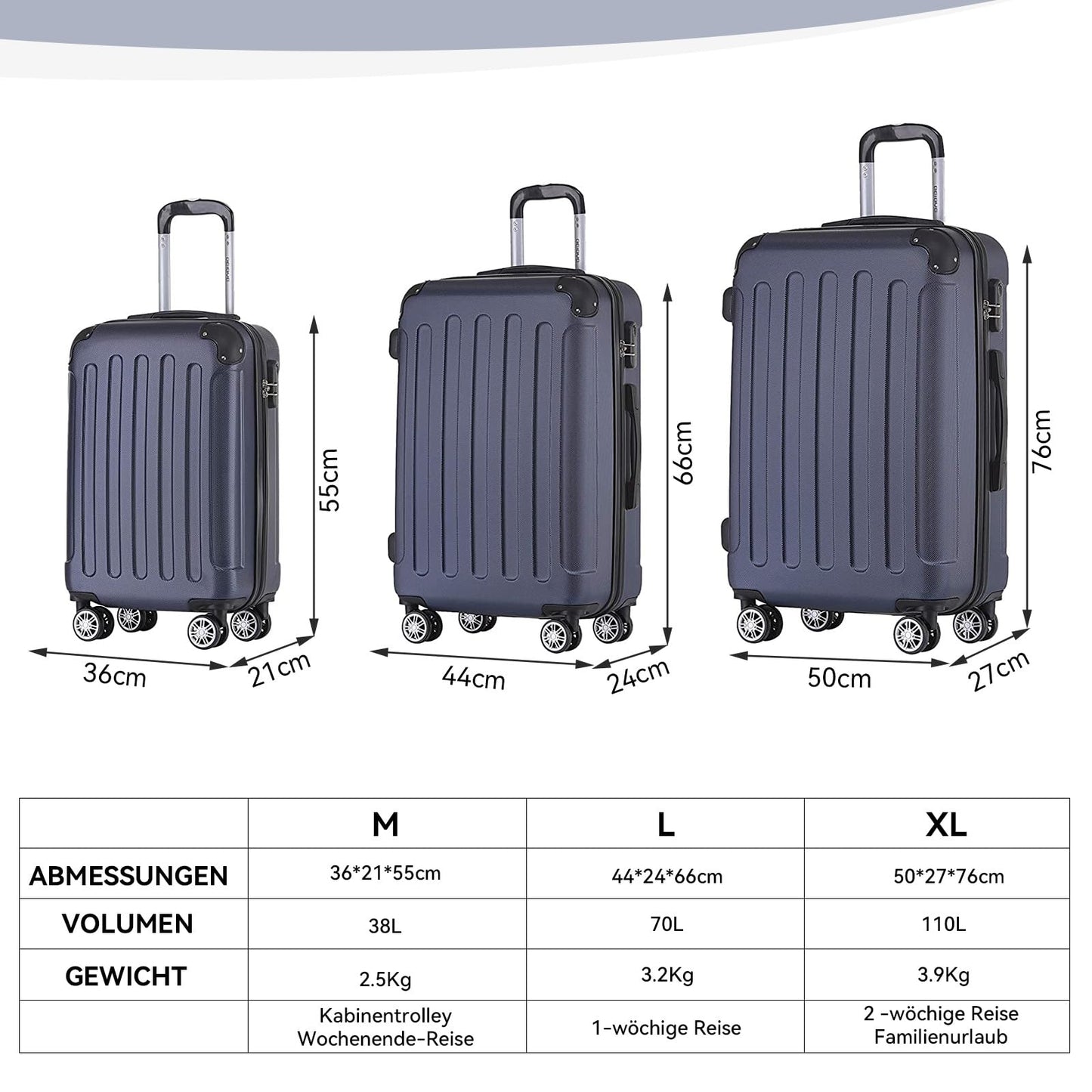 BEIBYE Hartschalen-Koffer Trolley Rollkoffer Reisekoffer Handgepäck 4 Rollen (M-L-XL-Set) (Dunkelblau, L)