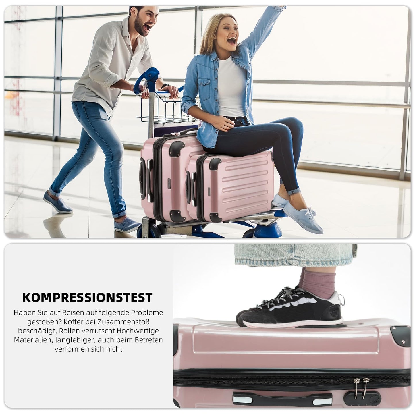 BEIBYE Hartschalen Koffer Trolley Rollkoffer Reisekoffer 4 Zwillingsrollen Polycabonat (Rosa Gold, Handgepäck 55cm-40L)