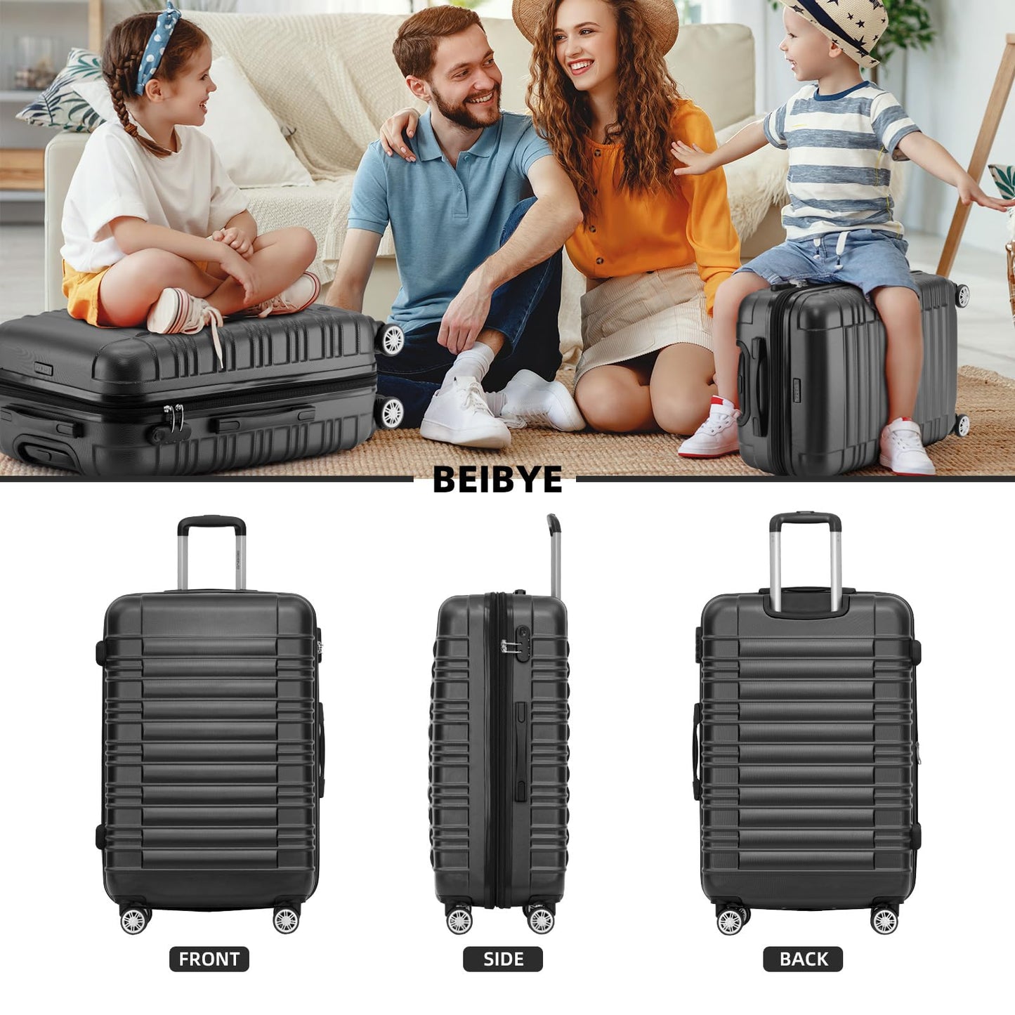 BEIBYE Zwillingsrollen Reisekoffer Koffer Trolleys Hartschale M-L-XL-Set (Schwarz, L)