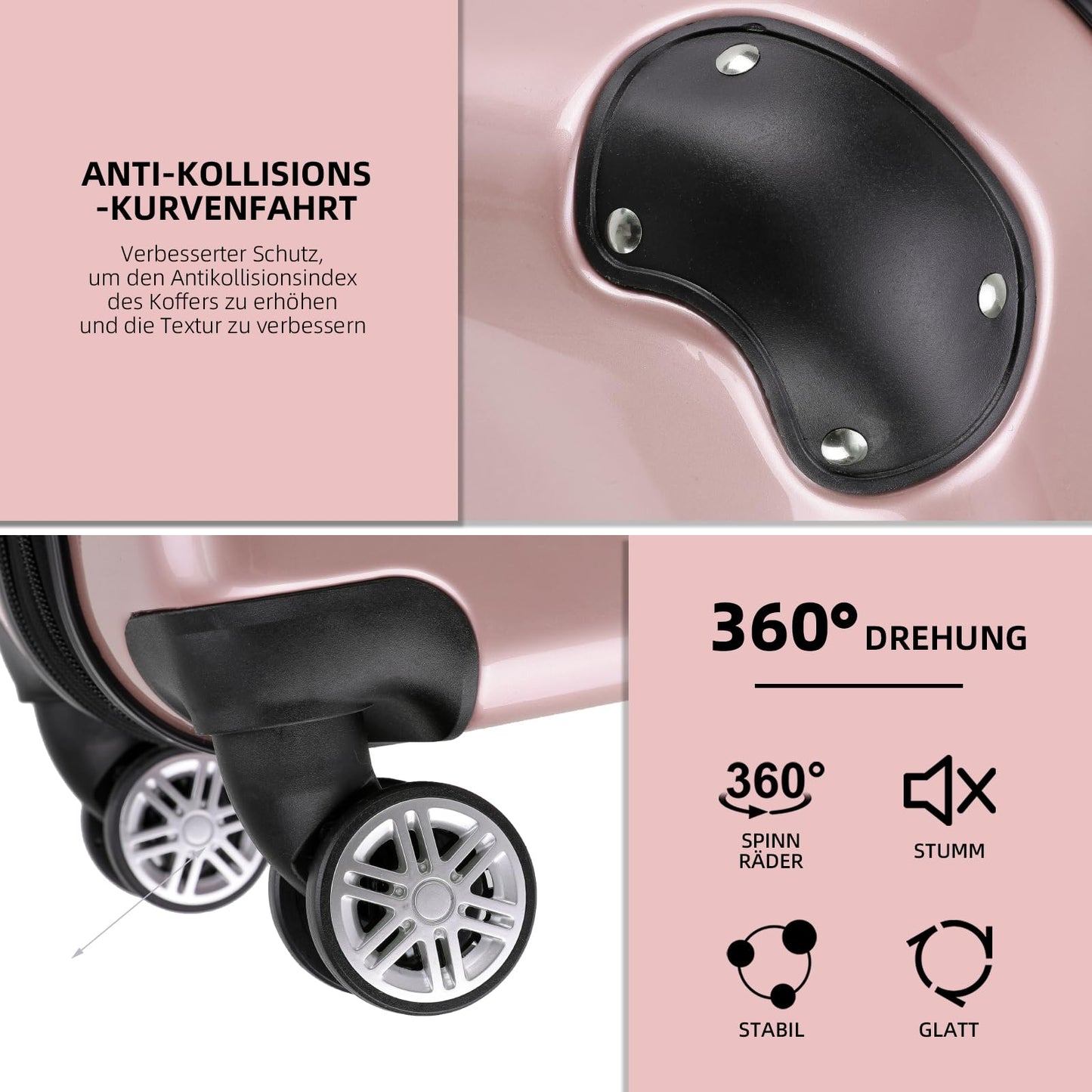 BEIBYE Hartschalen Koffer Trolley Rollkoffer Reisekoffer 4 Zwillingsrollen Polycabonat (Rosa Gold, Handgepäck 55cm-40L)