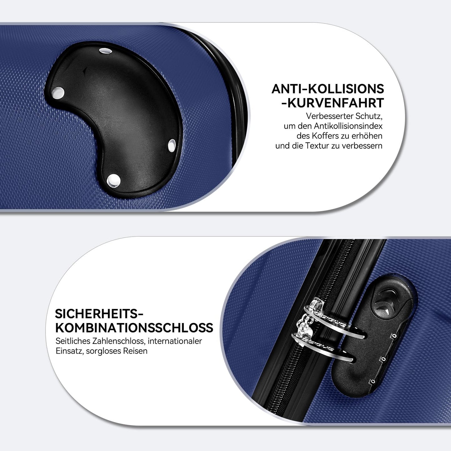 BEIBYE Hartschalen-Koffer Trolley Rollkoffer Reisekoffer Handgepäck 4 Rollen (M-L-XL-Set) (Dunkelblau, L)