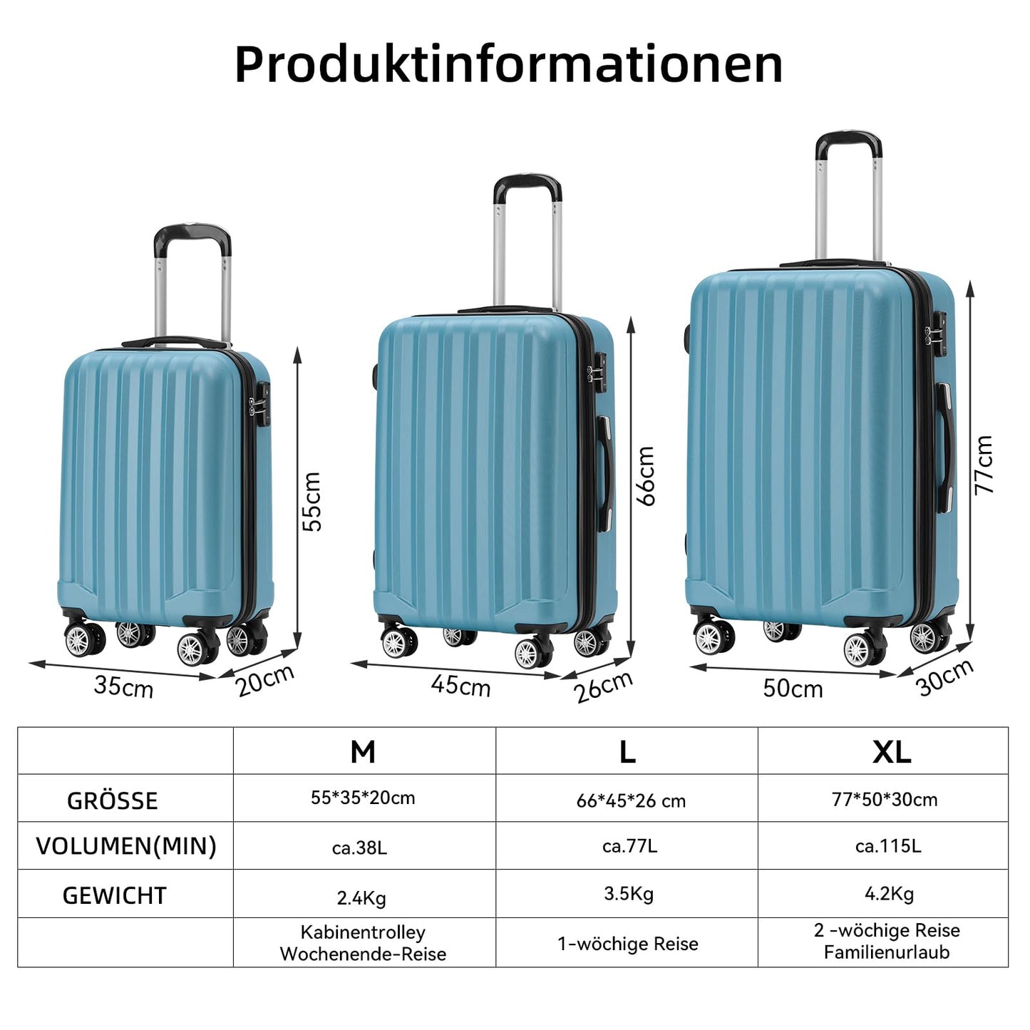 BEIBYE TSA-Schloß 2080 Zwillingsrollen 3 TLG. Reisekofferset Koffer Kofferset Trolley Trolleys Hartschale (Ice Blue)