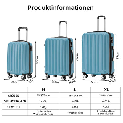 BEIBYE TSA-Schloß 2080 Zwillingsrollen 3 TLG. Reisekofferset Koffer Kofferset Trolley Trolleys Hartschale (Ice Blue)