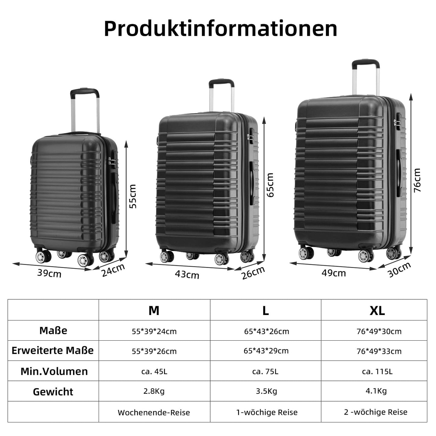 BEIBYE Zwillingsrollen Reisekoffer Koffer Trolleys Hartschale M-L-XL-Set (Schwarz, L)