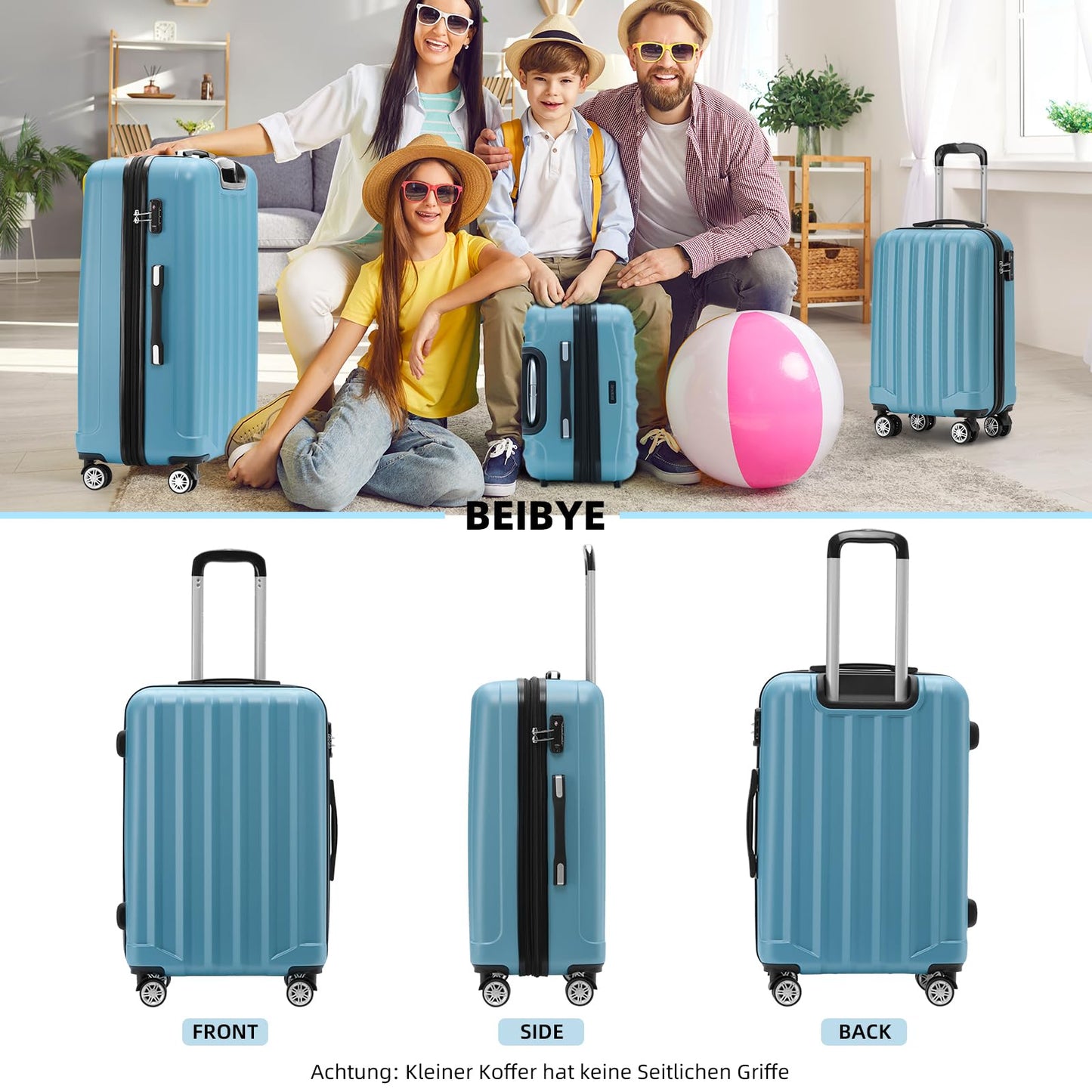 BEIBYE TSA-Schloß 2080 Zwillingsrollen 3 TLG. Reisekofferset Koffer Kofferset Trolley Trolleys Hartschale (Ice Blue)