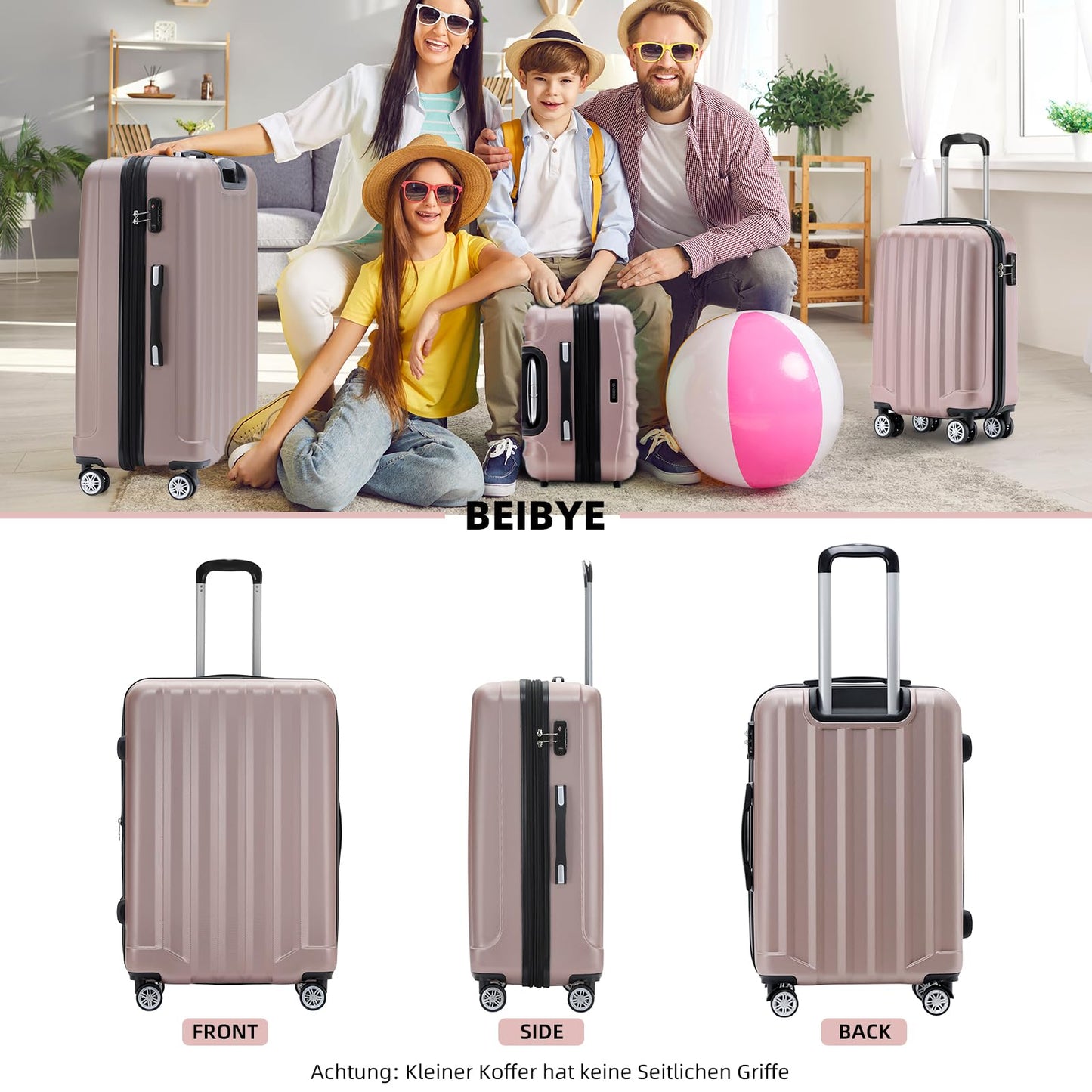 BEIBYE TSA-Schloß 2080 Gepäck Zwillingsrollen Reisekoffer Koffer Trolley Hartschale Dehnungsfuge (Rosa Gold, L)