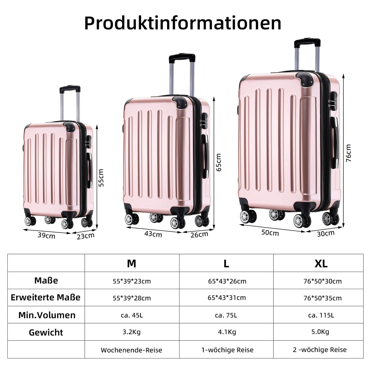 BEIBYE Hartschalen Koffer Trolley Rollkoffer Reisekoffer 4 Zwillingsrollen Polycabonat (Rosa Gold, Handgepäck 55cm-40L)