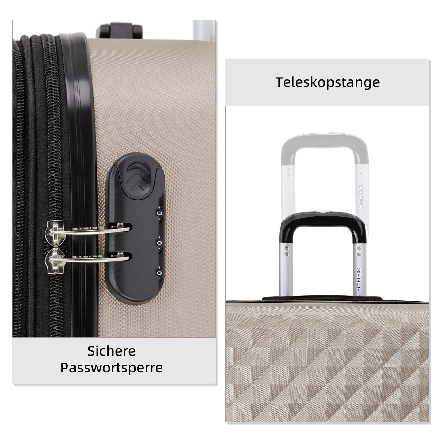 BEIBYE Zwillingsrollen 2066 Hartschale Trolley Koffer Reisekoffer Gepäck M-L-XL-Set (Champagner, M)
