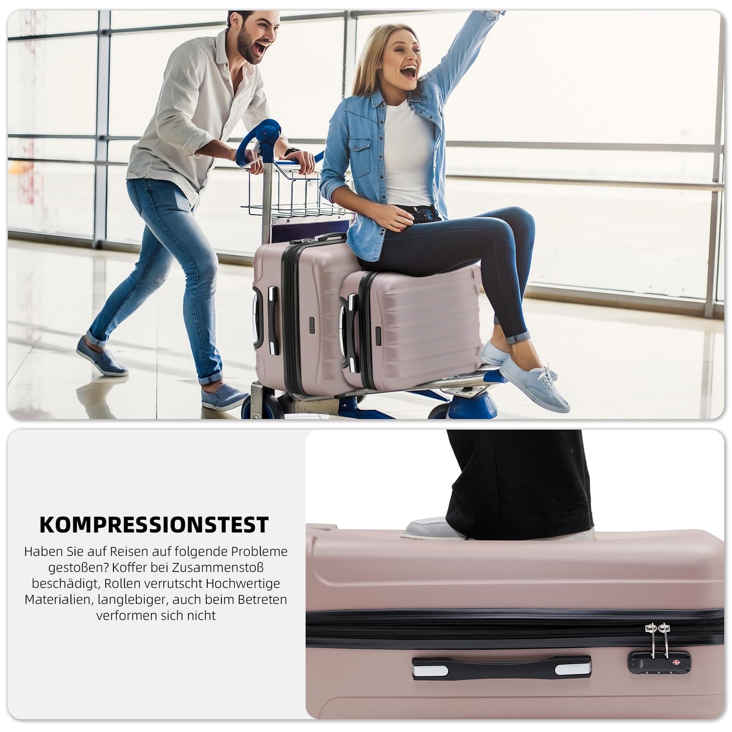 BEIBYE TSA-Schloß 2080 Gepäck Zwillingsrollen Reisekoffer Koffer Trolley Hartschale Dehnungsfuge (Rosa Gold, L)