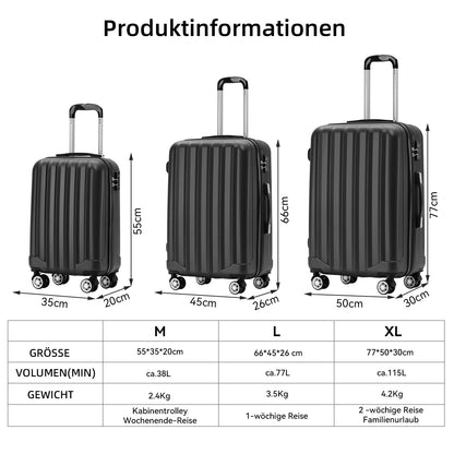 BEIBYE TSA-Schloß 2080 Zwillingsrollen 3 TLG. Reisekofferset Koffer Kofferset Trolley Trolleys Hartschale (Schwarz)