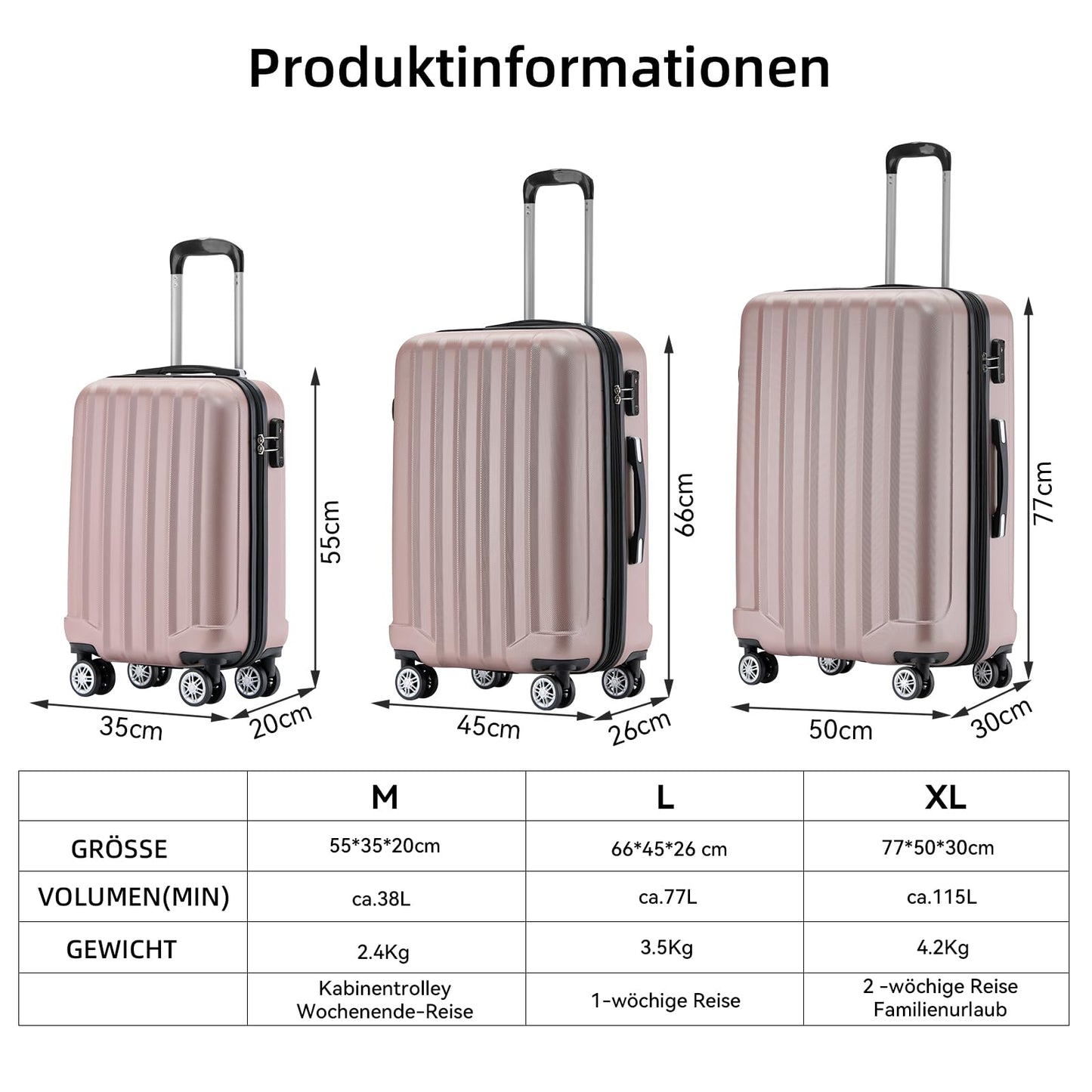 BEIBYE TSA-Schloß 2080 Gepäck Zwillingsrollen Reisekoffer Koffer Trolley Hartschale Dehnungsfuge (Rosa Gold, L)