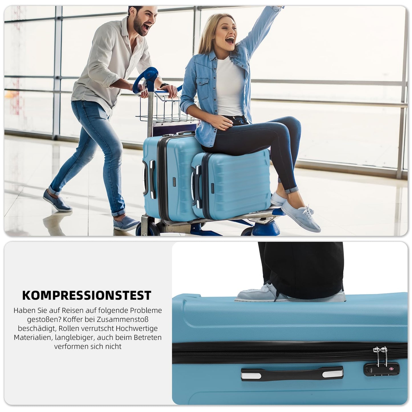 BEIBYE TSA-Schloß 2080 Zwillingsrollen 3 TLG. Reisekofferset Koffer Kofferset Trolley Trolleys Hartschale (Ice Blue)