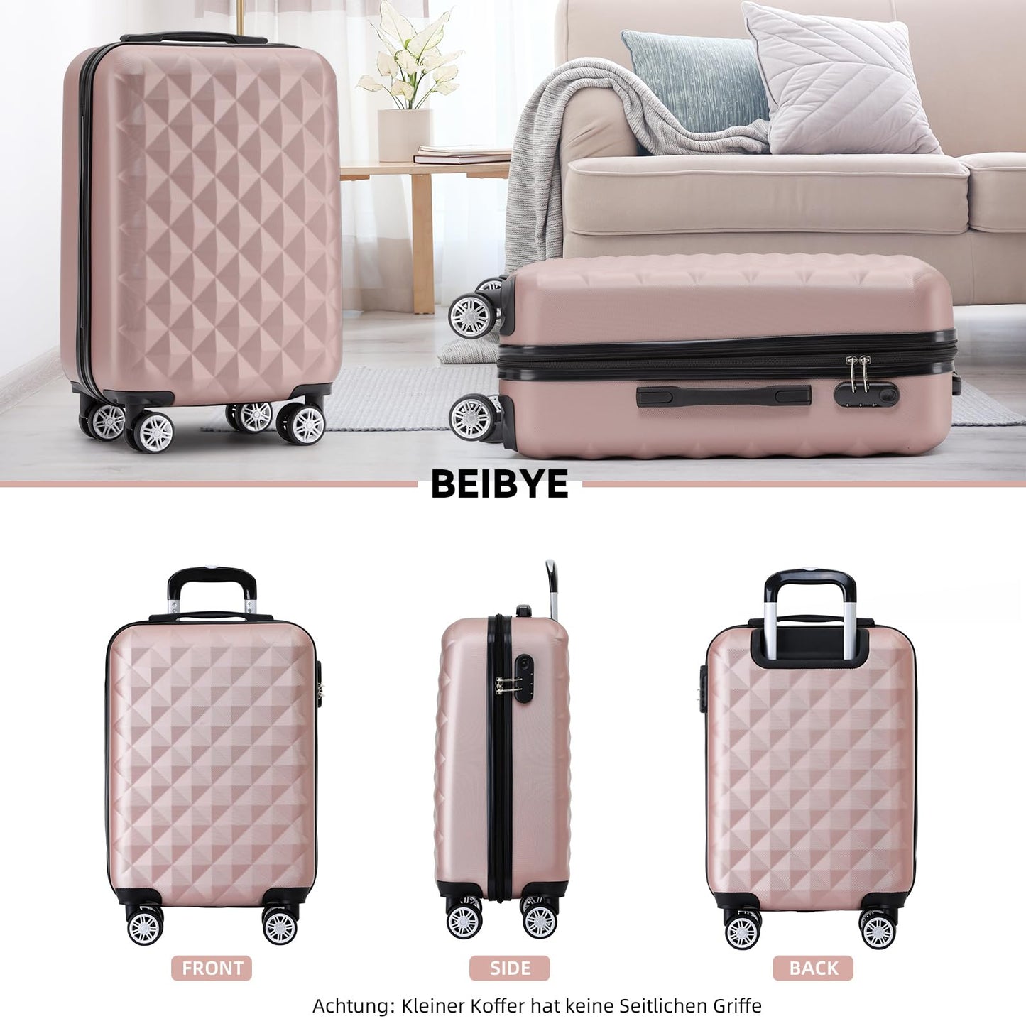 BEIBYE Zwillingsrollen 2066 Hartschale Trolley Koffer Reisekoffer Gepäck M-L-XL-Set (Rosa Gold, M)