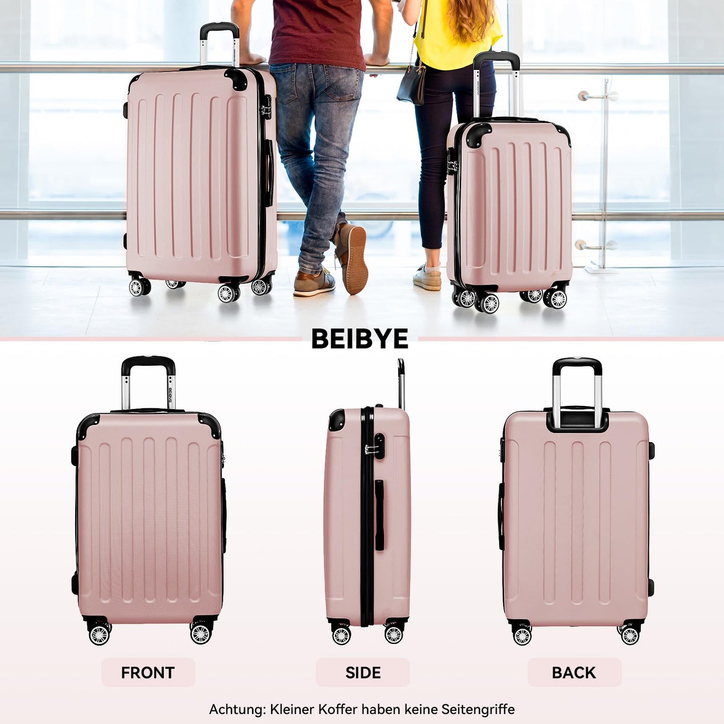 BEIBYE- Hartschalenkoffer Koffer Trolley Rollkoffer Reisekoffer Zahlenschloß 4 Zwilings-Rollen (Rosa-Gold, Small-55cm)