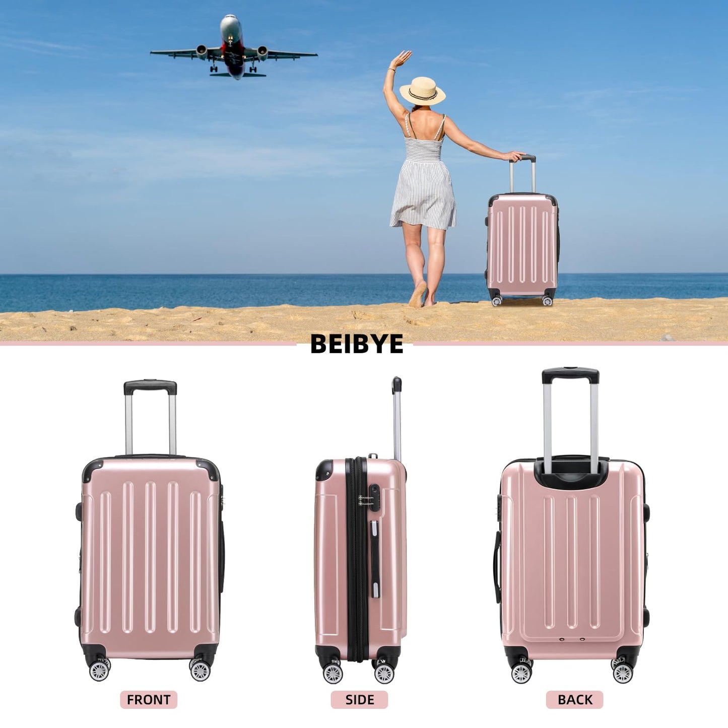 BEIBYE Hartschalen Koffer Trolley Rollkoffer Reisekoffer 4 Zwillingsrollen Polycabonat (Rosa Gold, Handgepäck 55cm-40L)