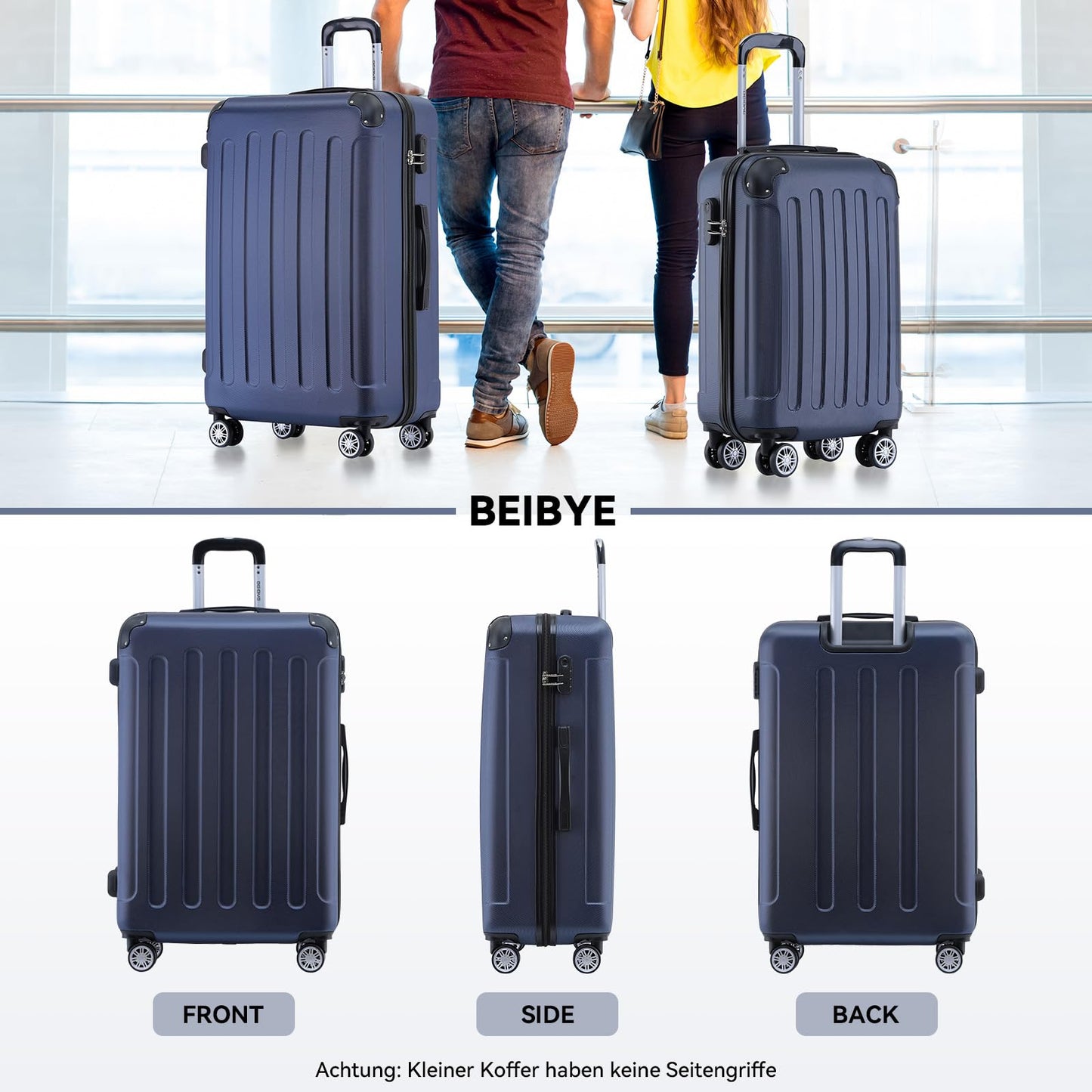 BEIBYE Hartschalen-Koffer Trolley Rollkoffer Reisekoffer Handgepäck 4 Rollen (M-L-XL-Set) (Dunkelblau, L)