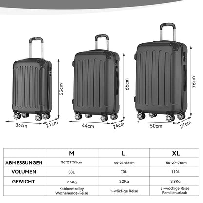 BEIBYE Hartschalen-Koffer Trolley Rollkoffer Reisekoffer Handgepäck 4 Rollen (M-L-XL-Set) (Schwarz, L)