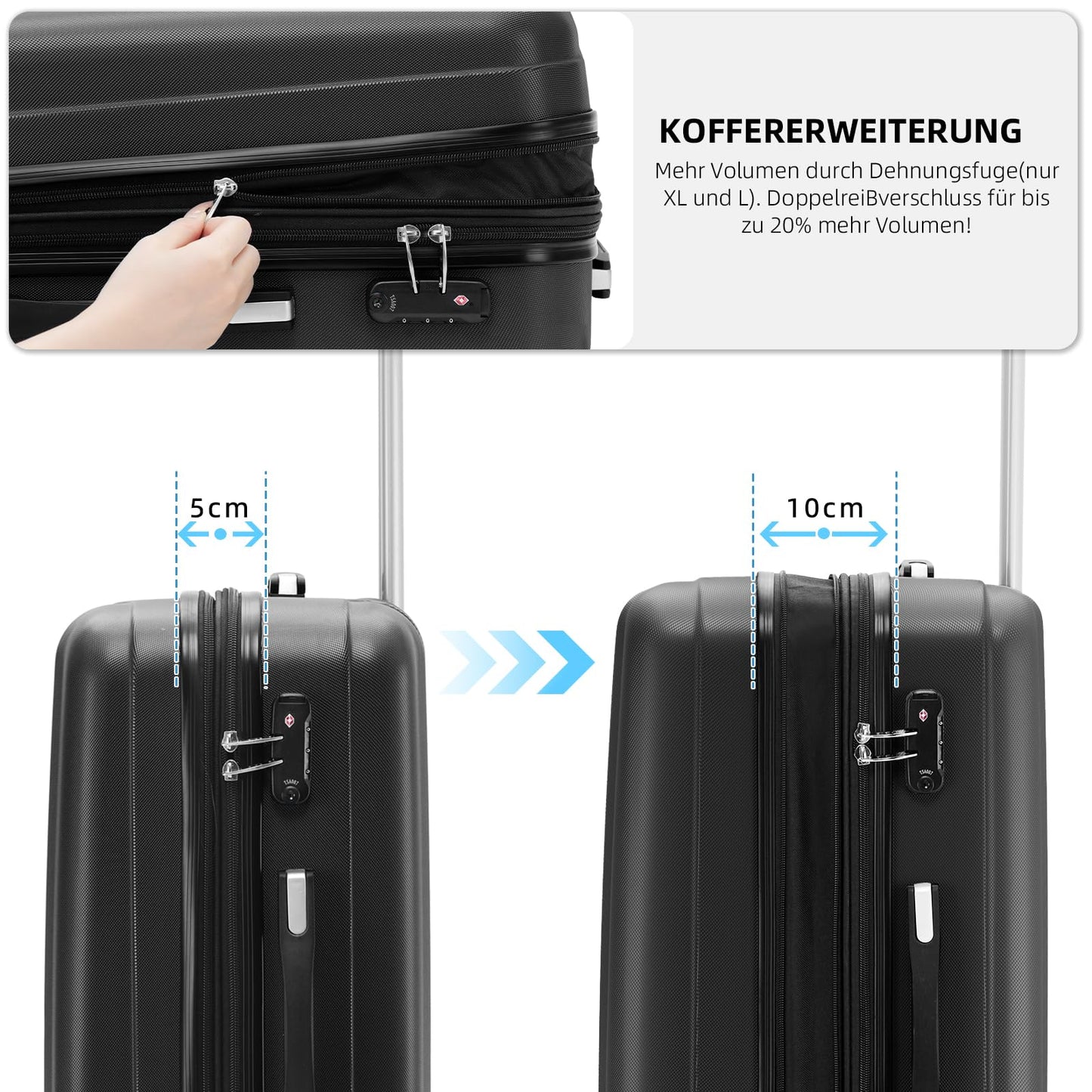 BEIBYE TSA-Schloß 2080 Zwillingsrollen 3 TLG. Reisekofferset Koffer Kofferset Trolley Trolleys Hartschale (Schwarz)