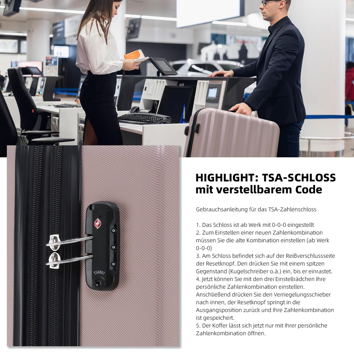 BEIBYE TSA-Schloß 2080 Gepäck Zwillingsrollen Reisekoffer Koffer Trolley Hartschale Dehnungsfuge (Rosa Gold, L)