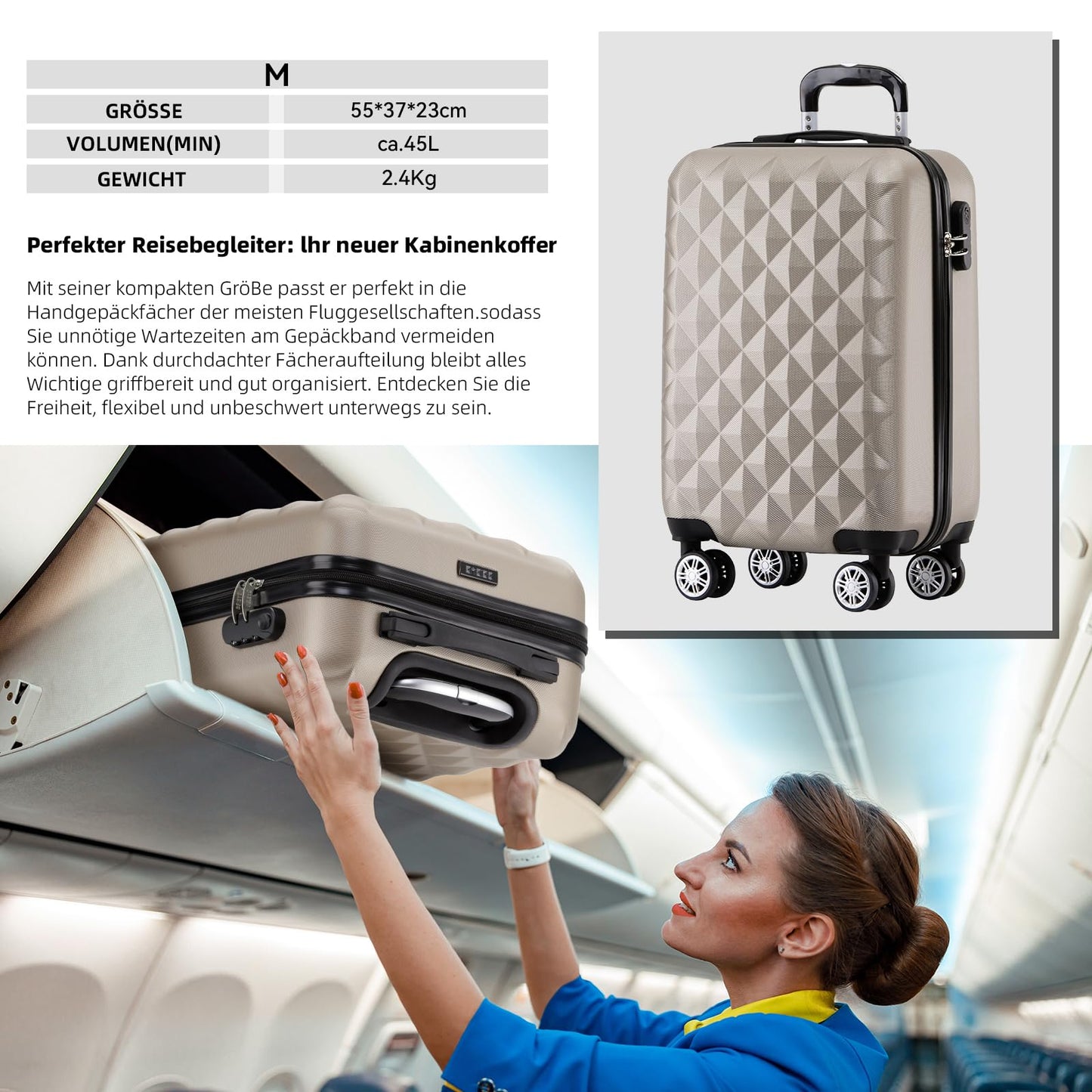 BEIBYE Zwillingsrollen 2066 Hartschale Trolley Koffer Reisekoffer Gepäck M-L-XL-Set (Champagner, M)