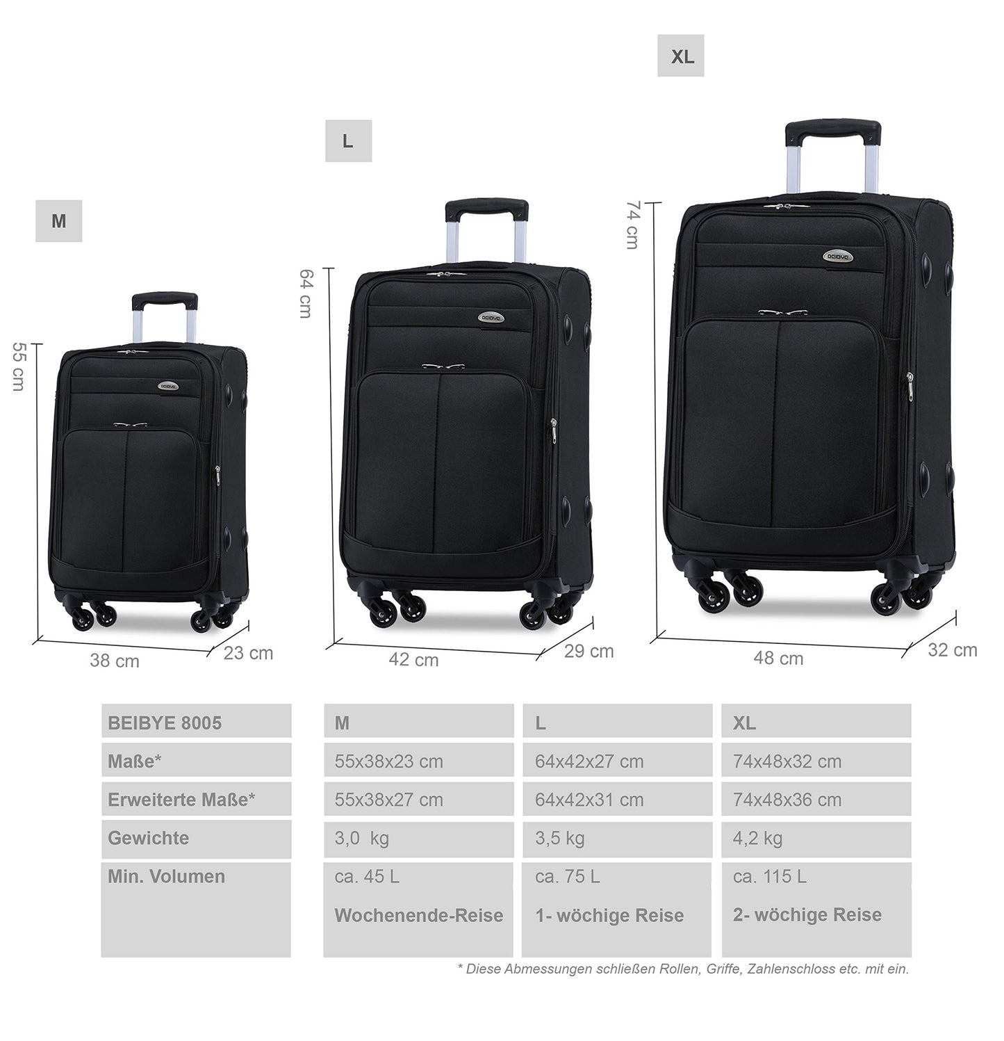 BEIBYE Leichter Stoffkoffer Kofferset Trolley Außentaschen Dehungsfuge mehr Stauraum mit Zahlenschloss (Schwarz, M-Handgepäck-54cm)