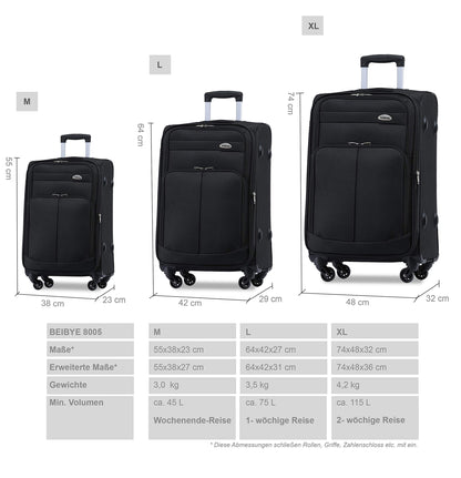 BEIBYE Leichter Stoffkoffer Kofferset Trolley Außentaschen Dehungsfuge mehr Stauraum mit Zahlenschloss (Schwarz, M-Handgepäck-54cm)