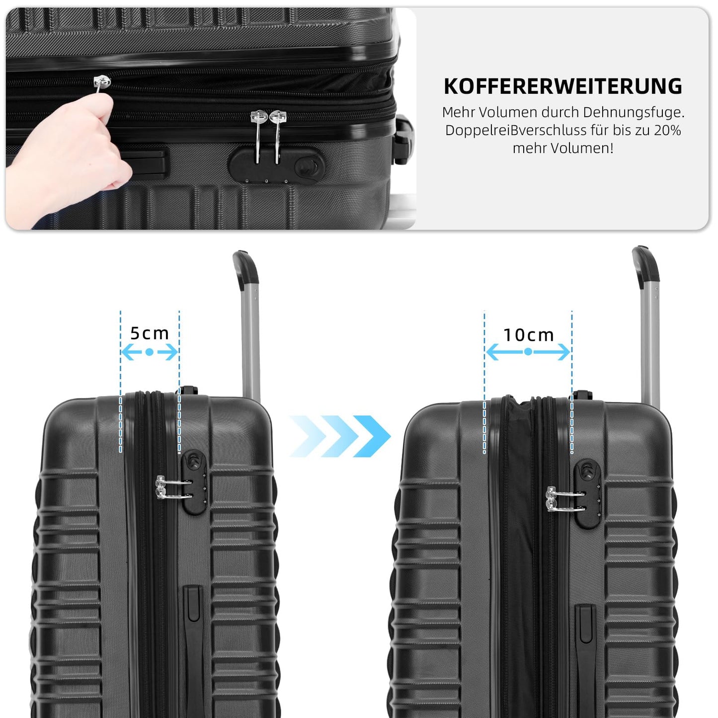 BEIBYE Zwillingsrollen Reisekoffer Koffer Trolleys Hartschale M-L-XL-Set (Schwarz, L)