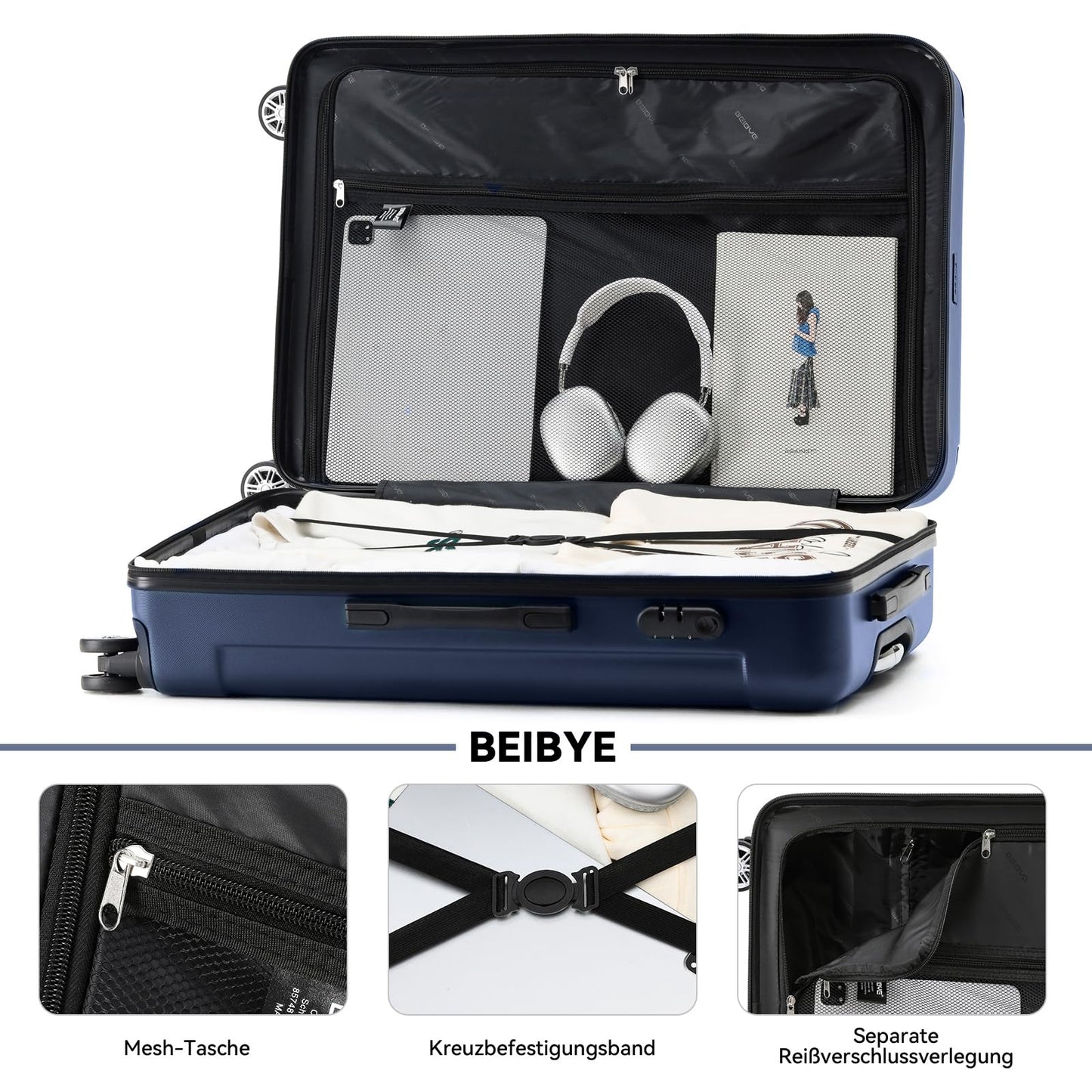 BEIBYE Hartschalen-Koffer Trolley Rollkoffer Reisekoffer Handgepäck 4 Rollen (M-L-XL-Set) (Dunkelblau, L)