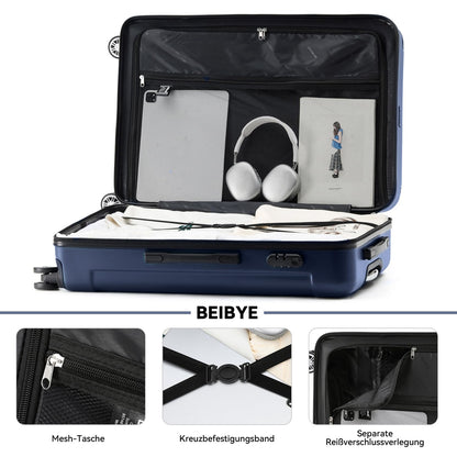 BEIBYE Hartschalen-Koffer Trolley Rollkoffer Reisekoffer Handgepäck 4 Rollen (M-L-XL-Set) (Dunkelblau, L)