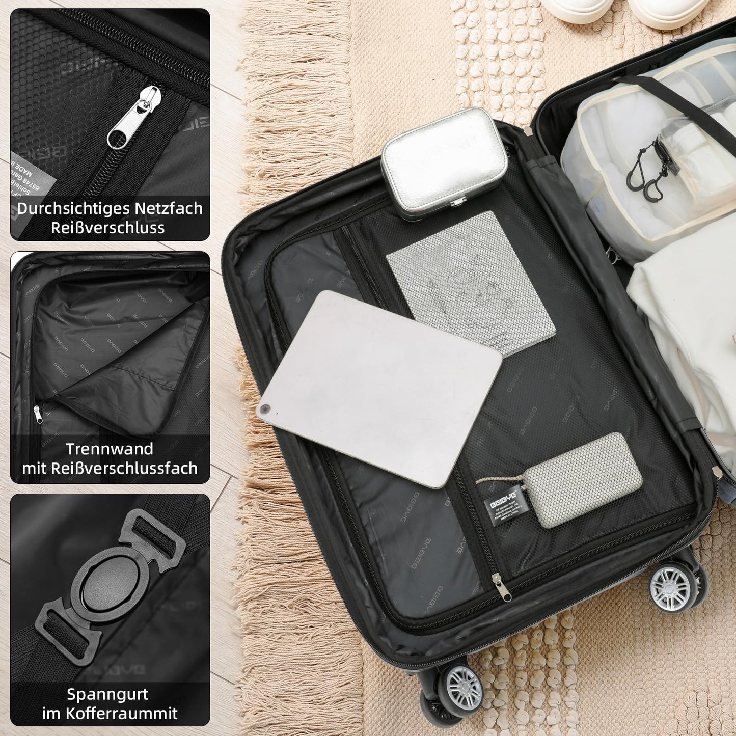 BEIBYE Zwillingsrollen Reisekoffer Koffer Trolleys Hartschale M-L-XL-Set (Schwarz, L)