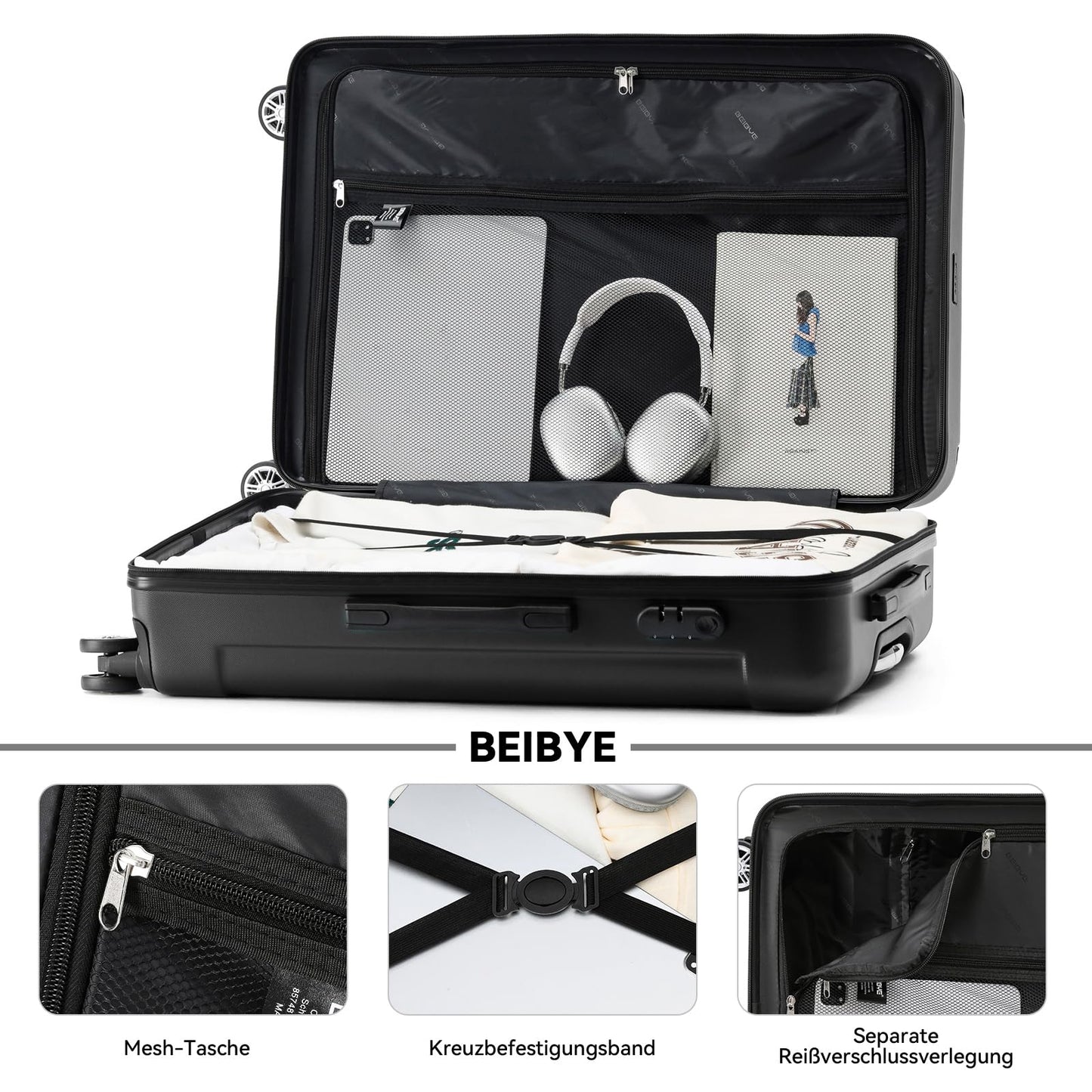 BEIBYE Hartschalen-Koffer Trolley Rollkoffer Reisekoffer Handgepäck 4 Rollen (M-L-XL-Set) (Schwarz, L)