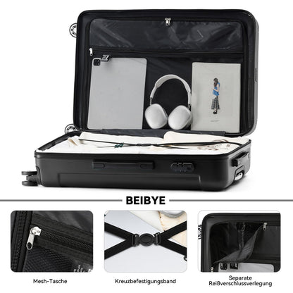 BEIBYE Hartschalen-Koffer Trolley Rollkoffer Reisekoffer Handgepäck 4 Rollen (M-L-XL-Set) (Schwarz, L)