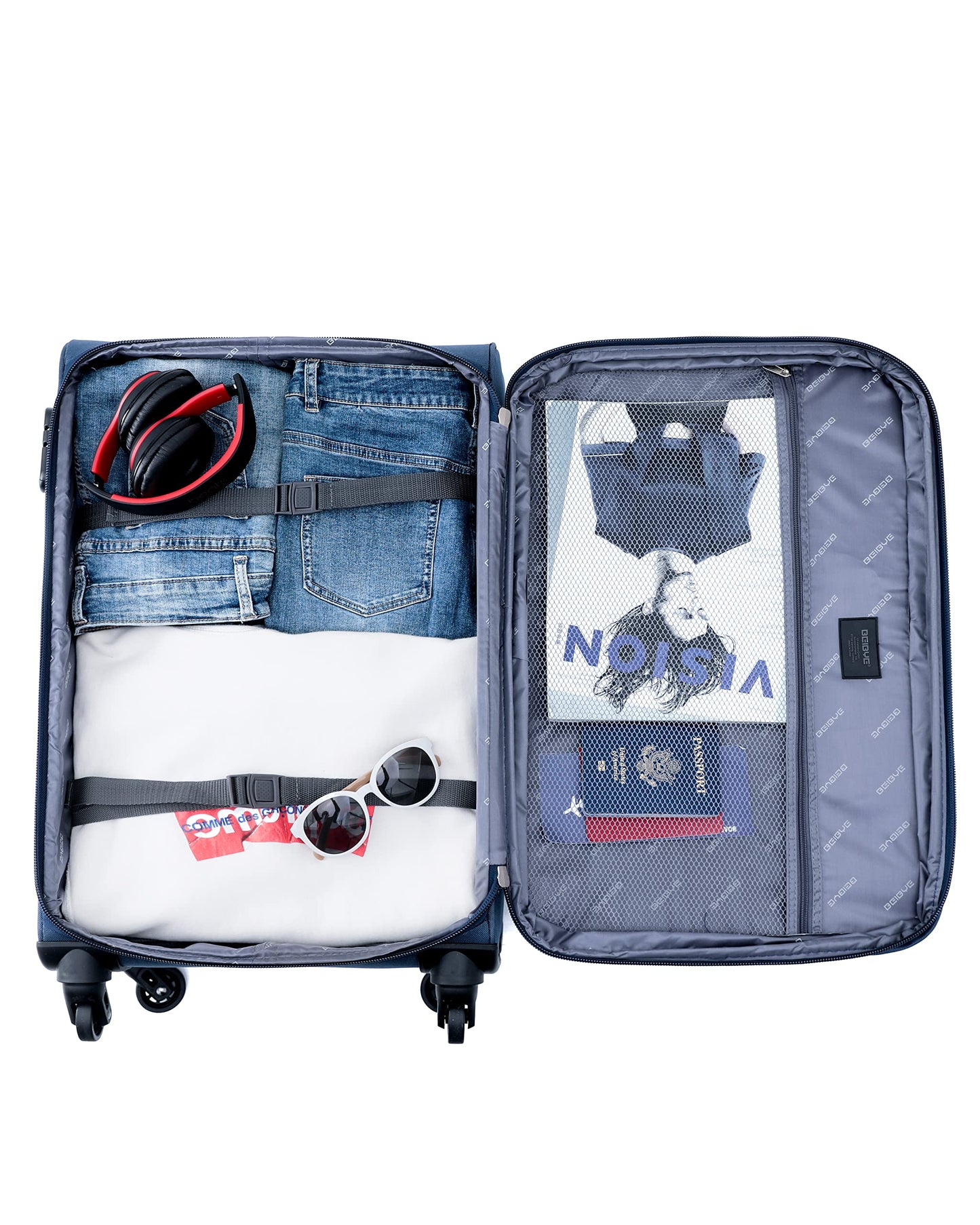 BEIBYE Leichter Stoffkoffer Kofferset Trolley Außentaschen Dehungsfuge mehr Stauraum mit Zahlenschloss (Schwarz, M-Handgepäck-54cm)